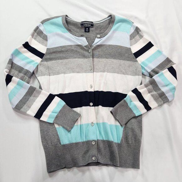 Lands End Striped Cardigan Blue/Gray Medium.  Lot E - Picture 2 of 7
